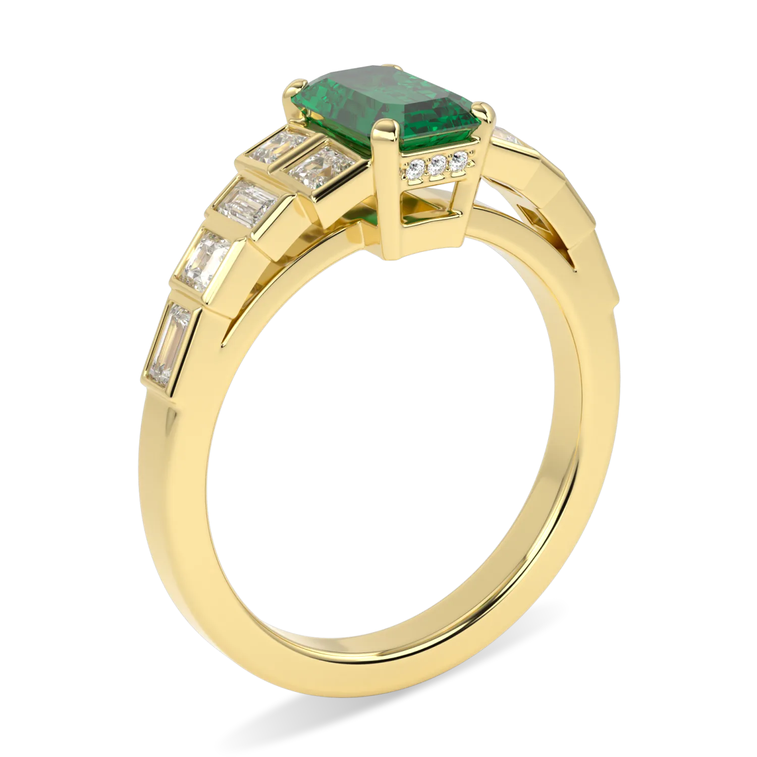 Handcrafted 18ct Yellow Gold engagement ring with 0.95cts Emerald and Diamond by Blacklock, Force collection — detail view
