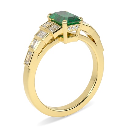 Handcrafted 18ct Yellow Gold engagement ring with 0.95cts Emerald and Diamond by Blacklock, Force collection — detail view