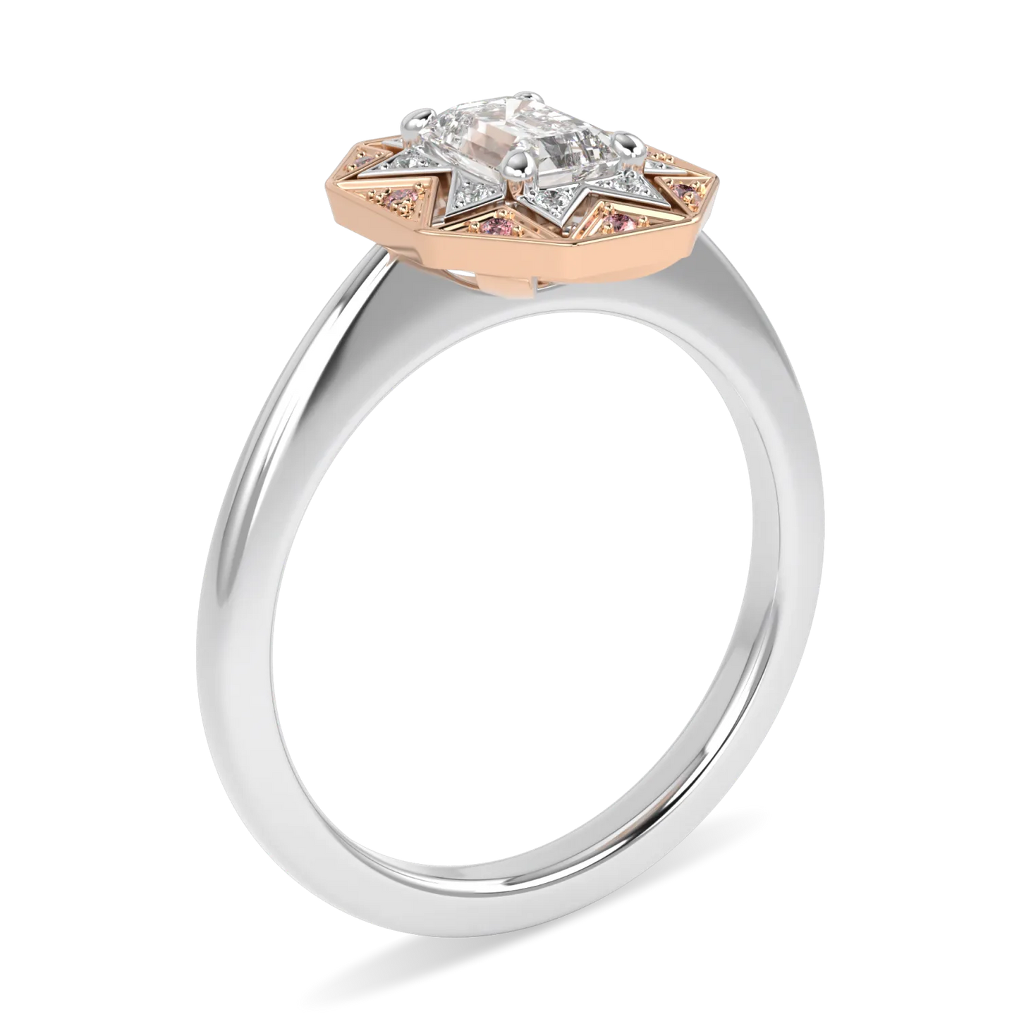 Platinum and Rose Gold Emerald Cut Diamond Engagement Ring 0.50cts by Blacklock Jewellery, Hawthorn collection — detail view
