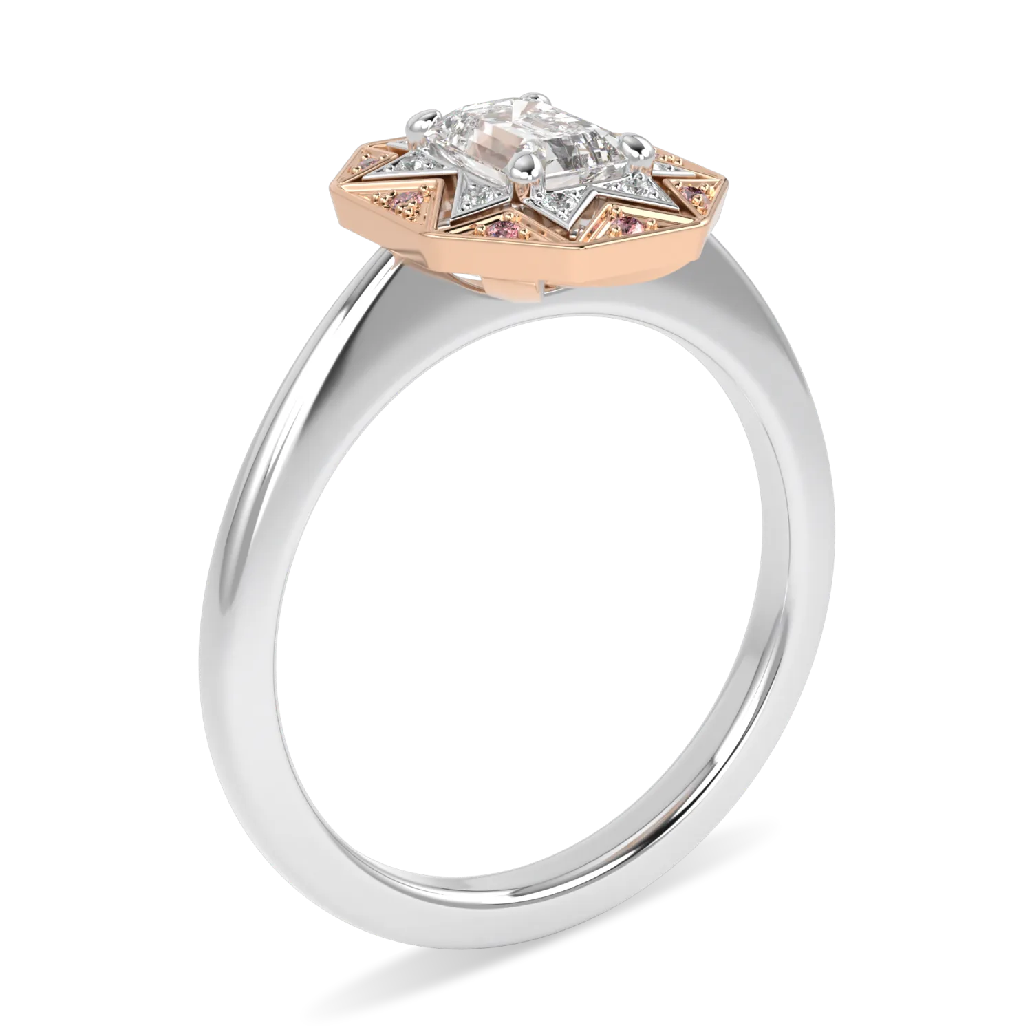 Platinum and Rose Gold Emerald Cut Diamond Engagement Ring 0.50cts by Blacklock Jewellery, Hawthorn collection — detail view