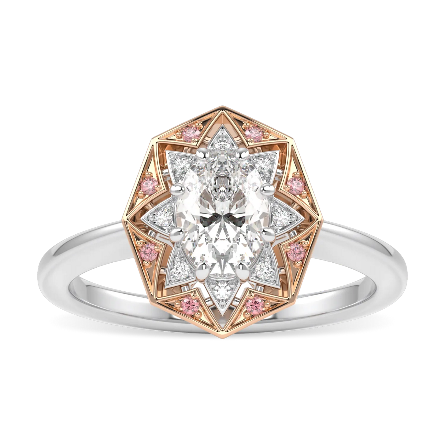Handcrafted Platinum and Rose Gold 0.50cts Oval Diamond engagement ring by Blacklock, Hawthorn collection — side view