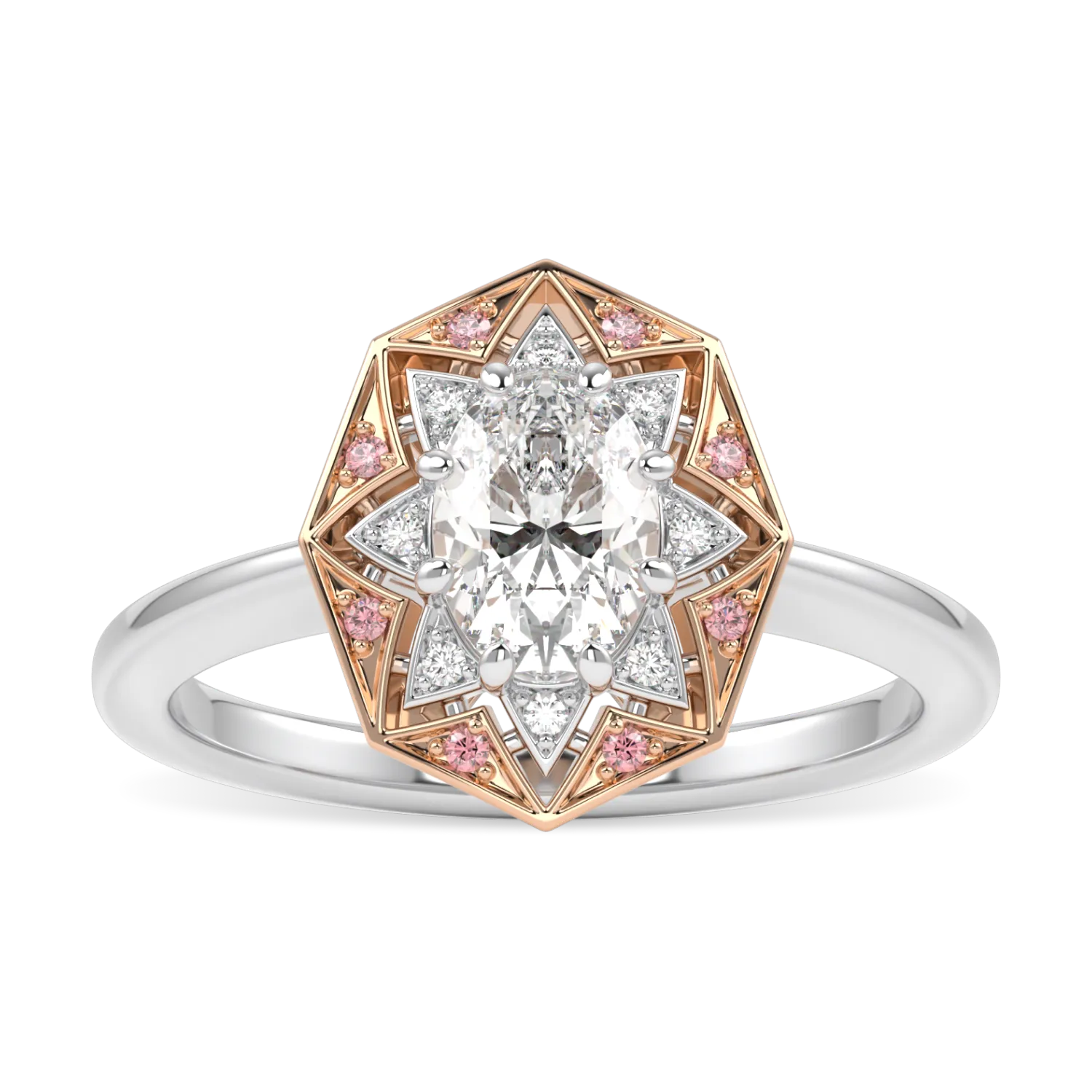 Handcrafted Platinum and Rose Gold 0.50cts Oval Diamond engagement ring by Blacklock, Hawthorn collection — side view
