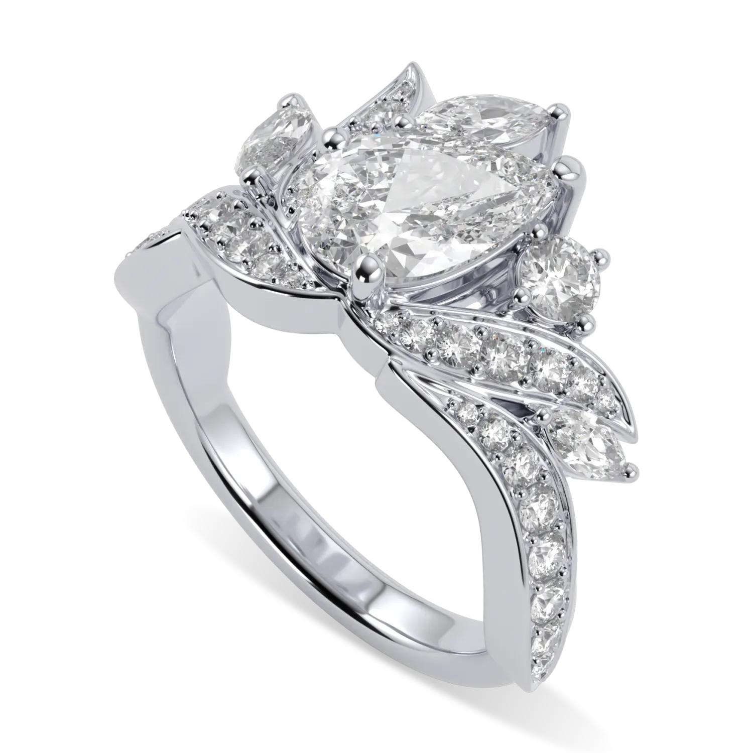 Handcrafted Inferno Platinum engagement ring with central Pear Shaped Diamond by Blacklock, High Jewellery collection — detail view