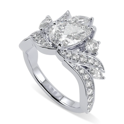 Handcrafted Inferno Platinum engagement ring with central Pear Shaped Diamond by Blacklock, High Jewellery collection — detail view