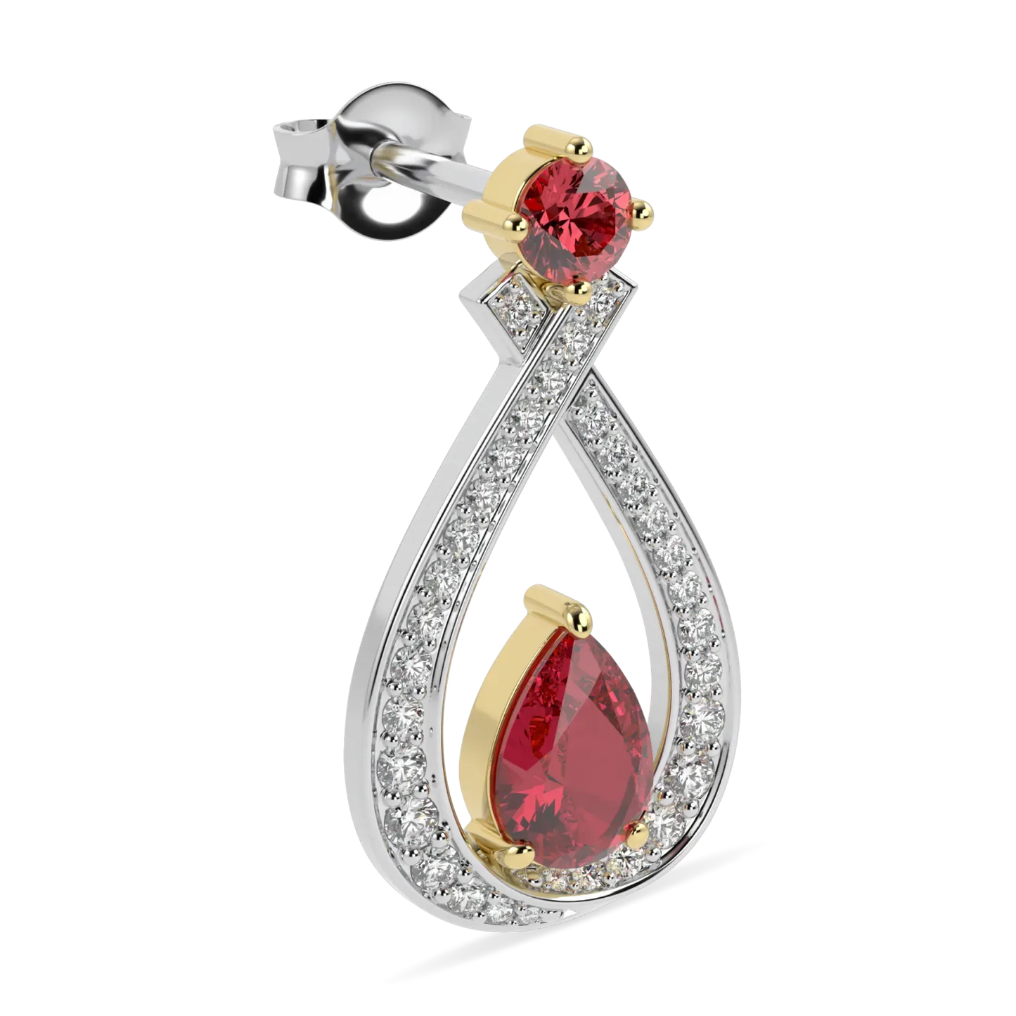 High Jewellery collection earrings featuring Ruby and Diamond set in 18ct White and Rose Gold, Blacklock Jewellery — side view