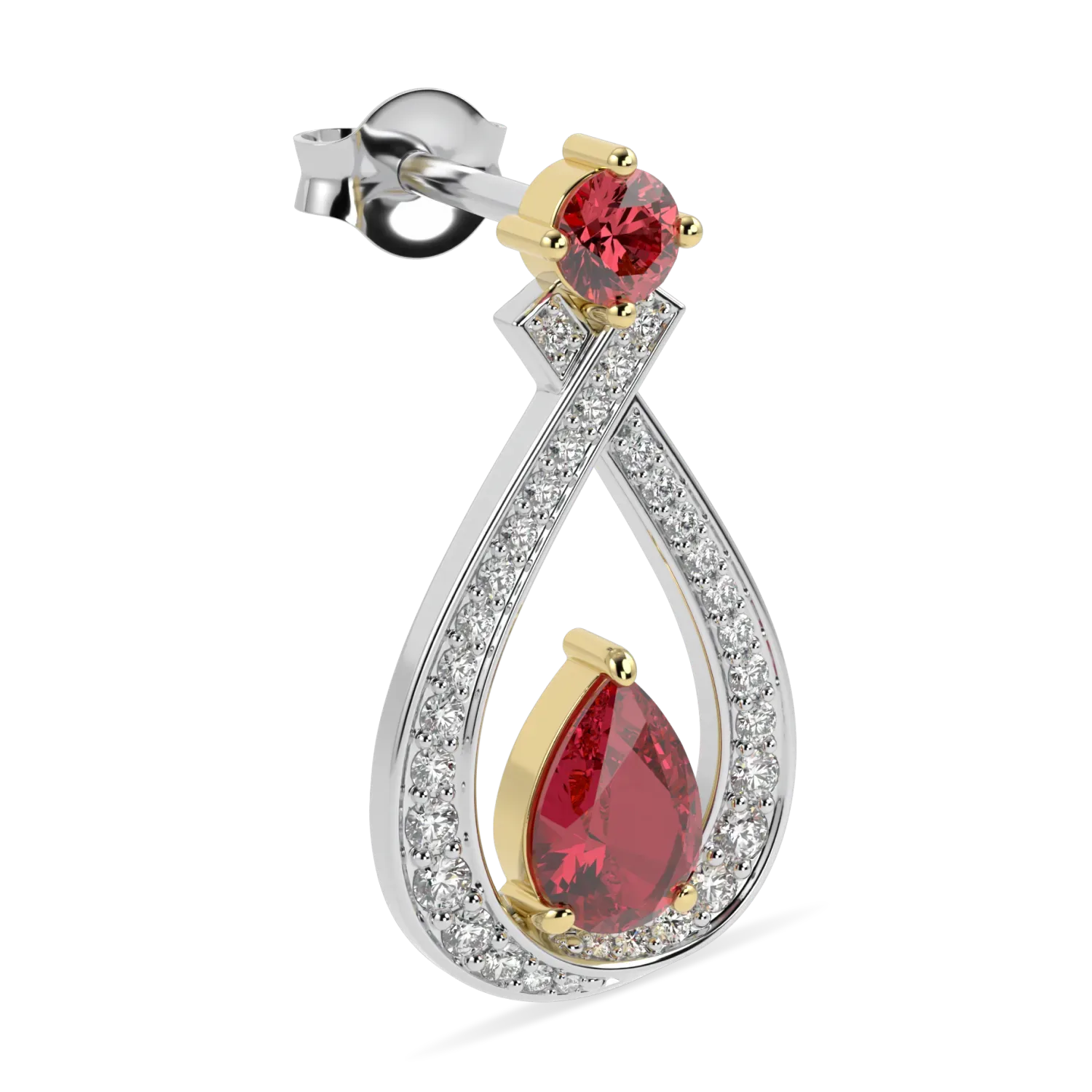High Jewellery collection earrings featuring Ruby and Diamond set in 18ct White and Rose Gold, Blacklock Jewellery — side view