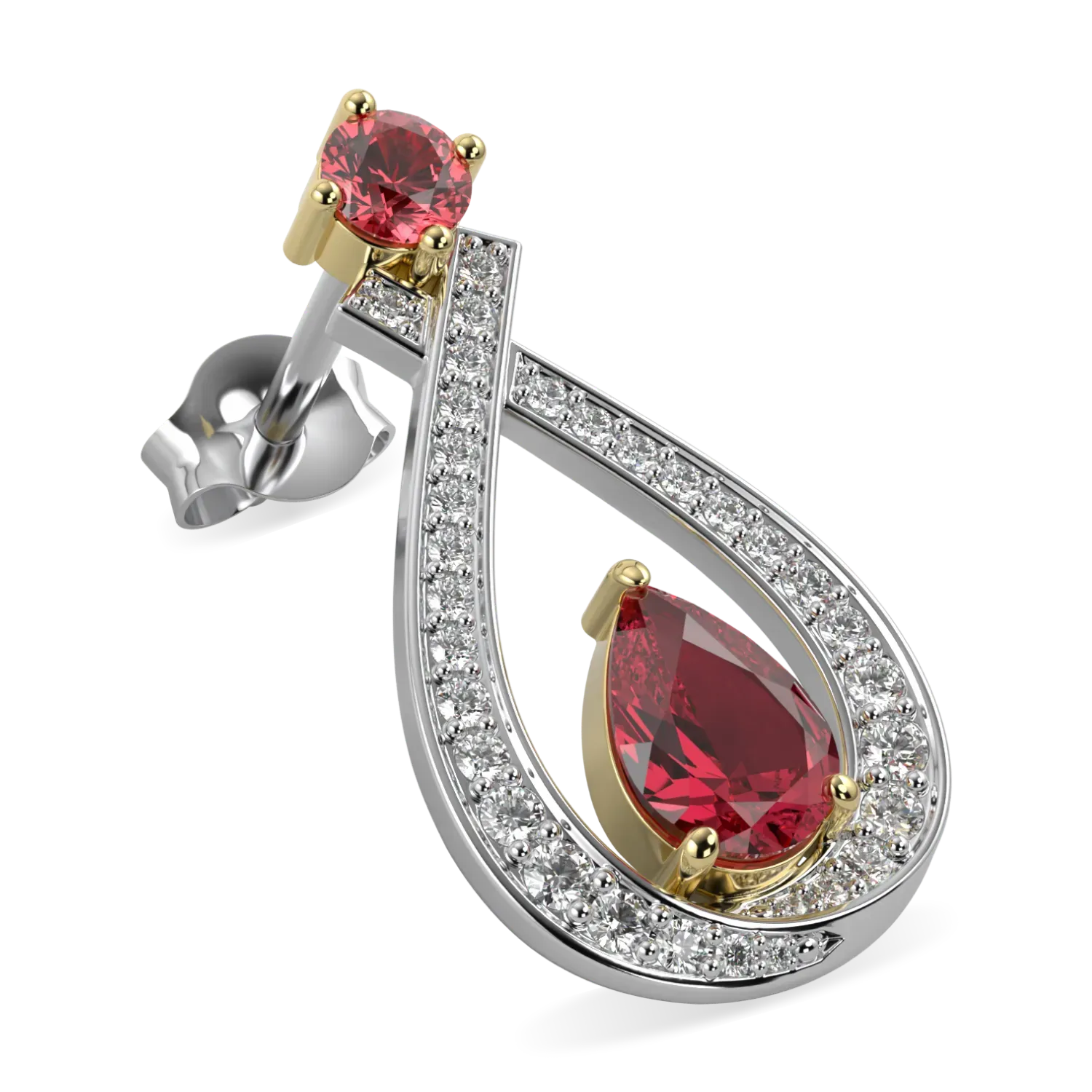 Handcrafted 18ct White Gold and Rose Gold drop earrings with Ruby and Diamond by Blacklock, High Jewellery collection — detail view