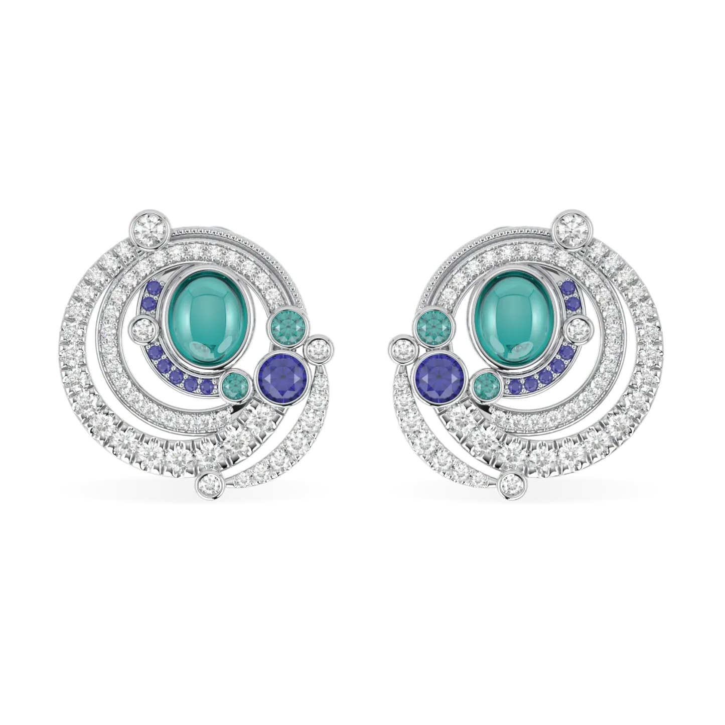 18ct White Gold Paraiba Tourmaline earrings from Blacklock's High Jewellery collection — front on view