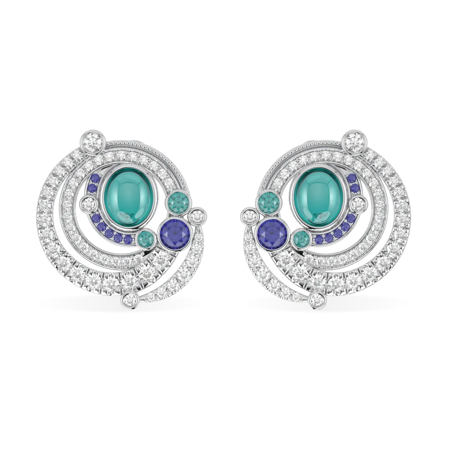 18ct White Gold Paraiba Tourmaline earrings from Blacklock's High Jewellery collection — front on view