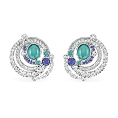 18ct White Gold Paraiba Tourmaline earrings from Blacklock's High Jewellery collection — front on view