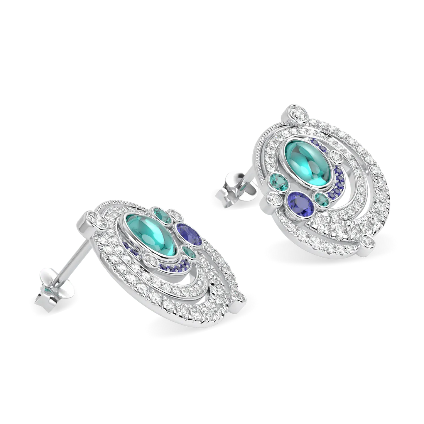 High Jewellery collection Maelstrom earrings featuring Paraiba Tourmaline set in 18ct White Gold, Blacklock Jewellery — detail view