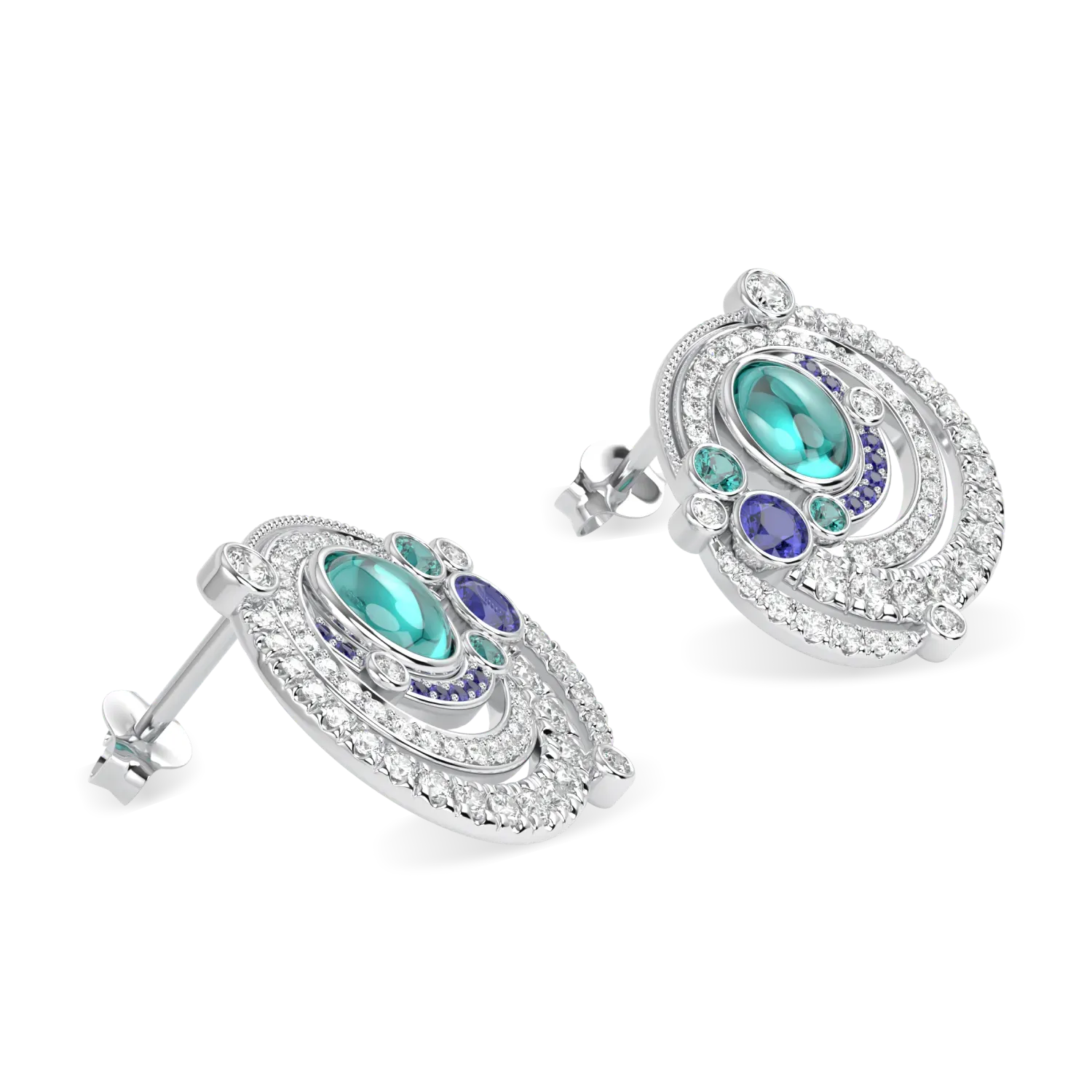 High Jewellery collection Maelstrom earrings featuring Paraiba Tourmaline set in 18ct White Gold, Blacklock Jewellery — detail view