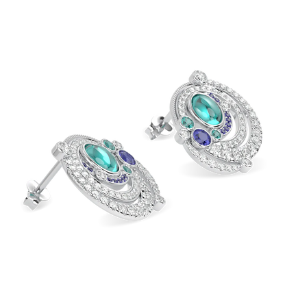 High Jewellery collection Maelstrom earrings featuring Paraiba Tourmaline set in 18ct White Gold, Blacklock Jewellery — detail view