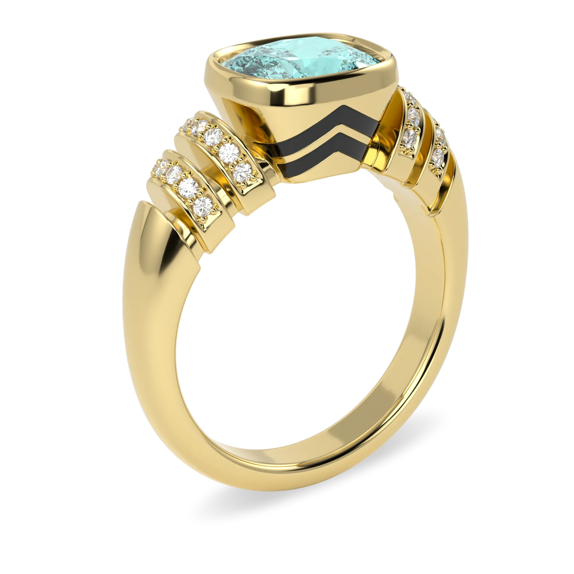 Handcrafted White Gold ring with Aquamarine and Diamond by Blacklock, Miami Deco collection — side view