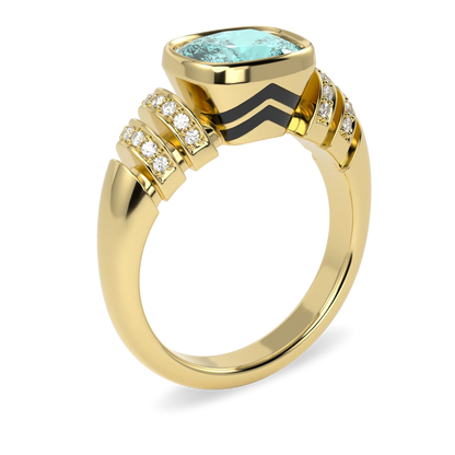Handcrafted White Gold ring with Aquamarine and Diamond by Blacklock, Miami Deco collection — side view