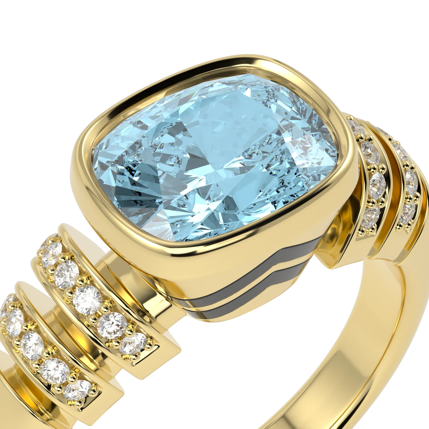Large Yellow Gold Aquamarine Diamond Ring by Blacklock Jewellery, Miami Deco collection — detail view
