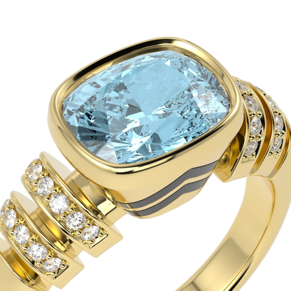 Large Yellow Gold Aquamarine Diamond Ring by Blacklock Jewellery, Miami Deco collection — detail view
