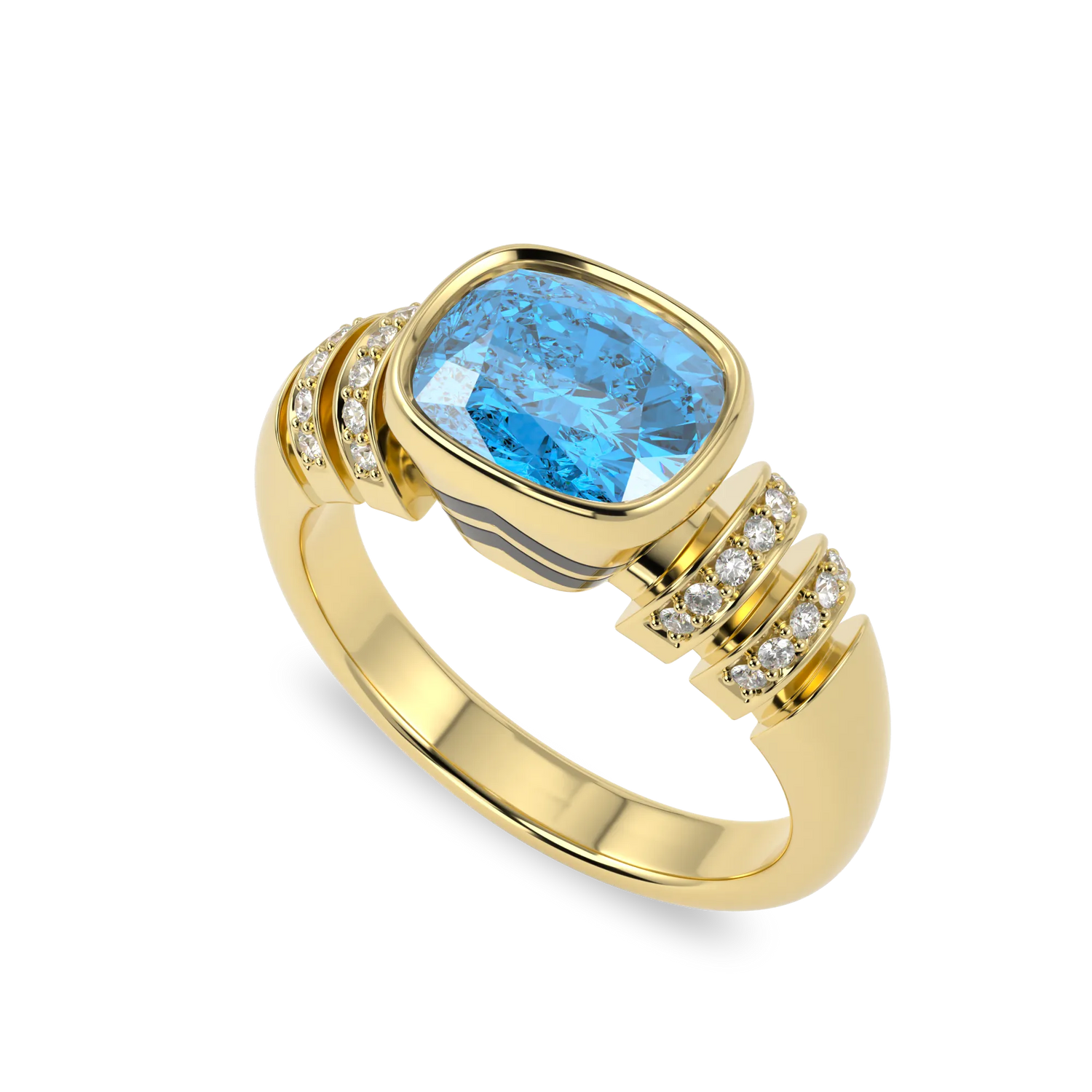 Miami Deco collection ring featuring Blue Topaz and Diamond set in Yellow Gold, Blacklock Jewellery