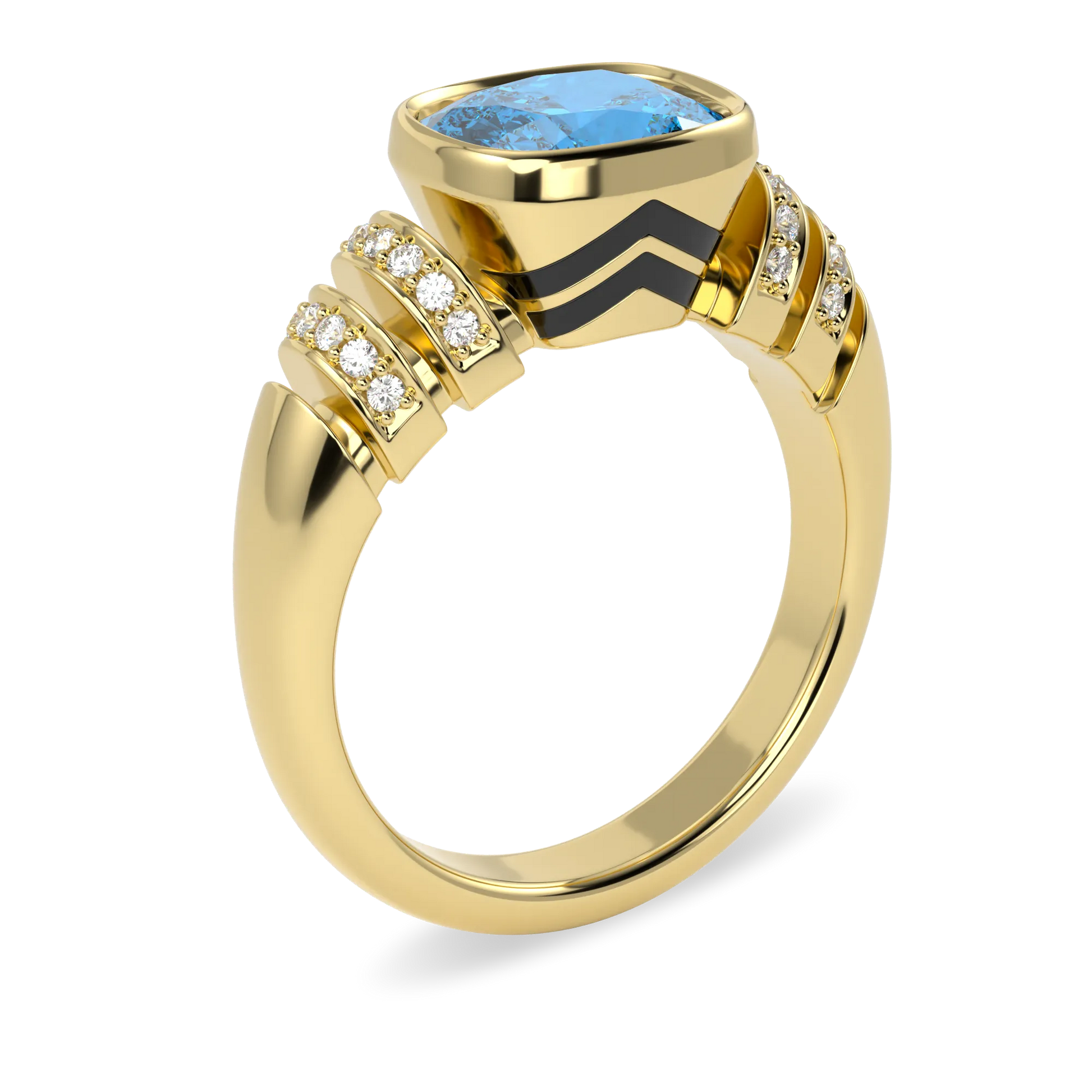 Handcrafted Yellow Gold ring with Blue Topaz and Diamond by Blacklock, Miami Deco collection — side view
