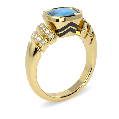 Handcrafted Yellow Gold ring with Blue Topaz and Diamond by Blacklock, Miami Deco collection — side view