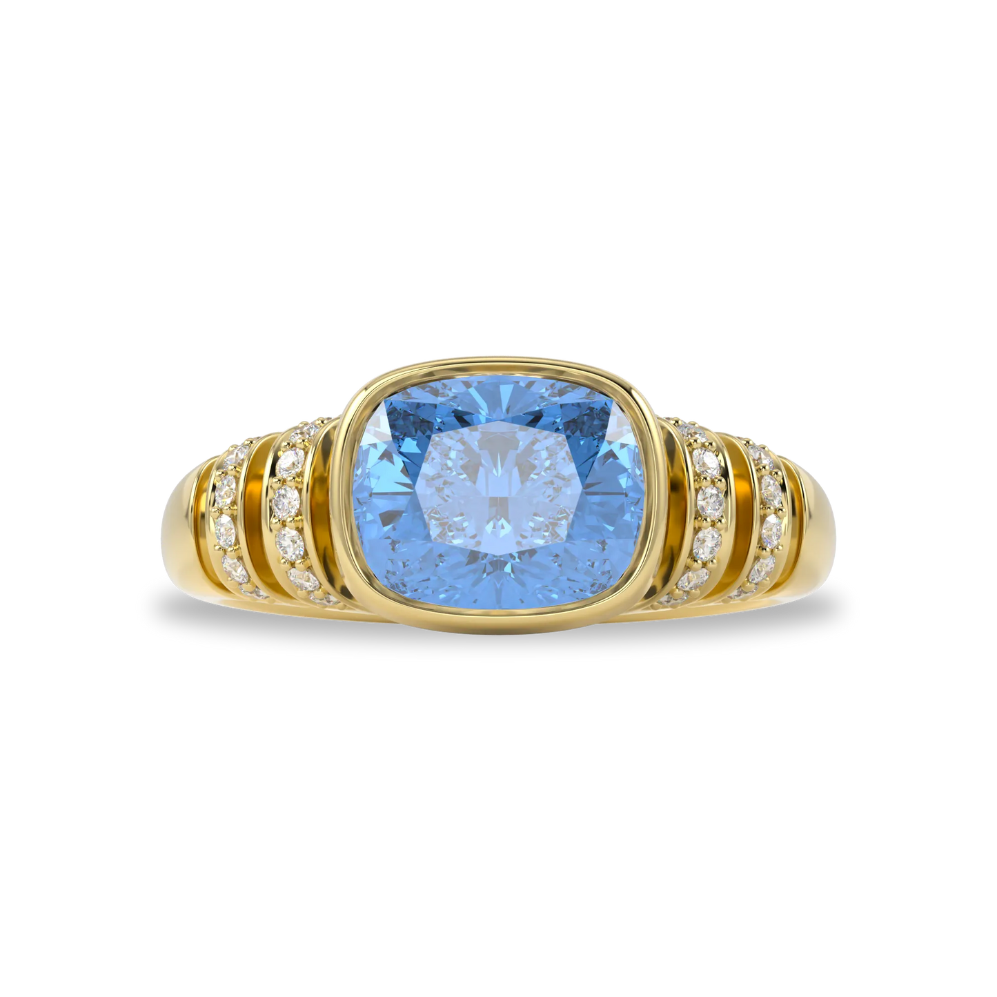 Large Yellow Gold Blue Topaz Diamond Ring by Blacklock Jewellery, Miami Deco collection — detail view