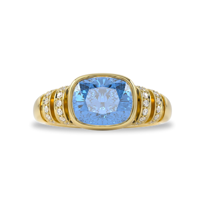 Large Yellow Gold Blue Topaz Diamond Ring by Blacklock Jewellery, Miami Deco collection — detail view