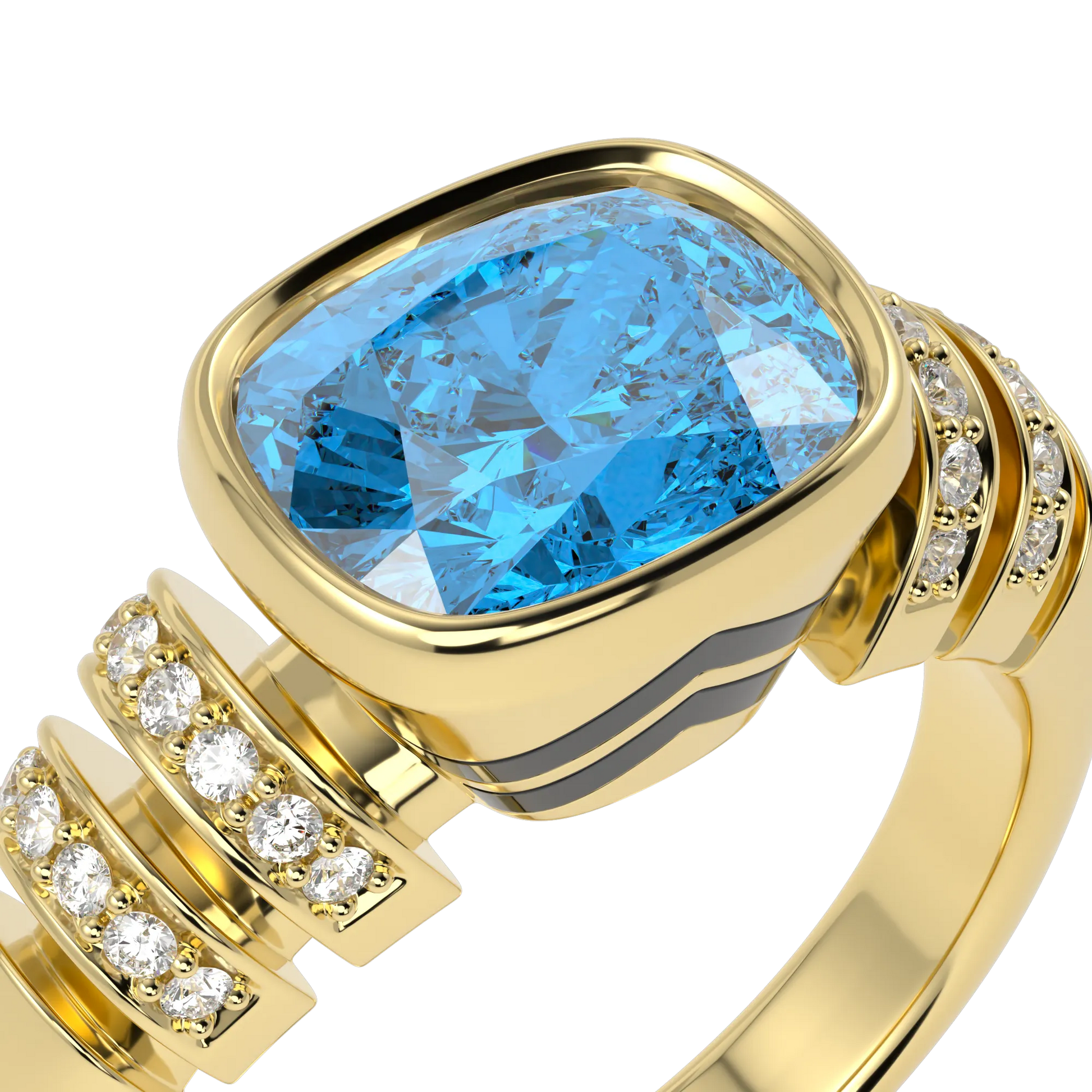 Blacklock Miami Deco ring in Yellow Gold with Blue Topaz and Diamond — worn view