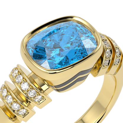 Blacklock Miami Deco ring in Yellow Gold with Blue Topaz and Diamond — worn view