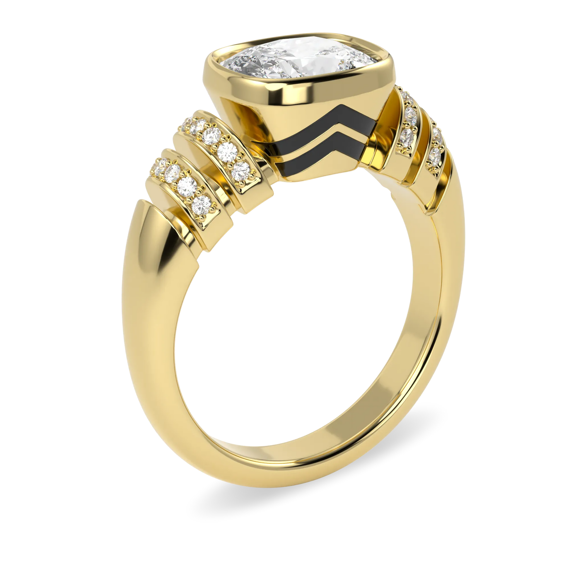 Handcrafted Yellow Gold ring with Diamond by Blacklock, Miami Deco collection — side view