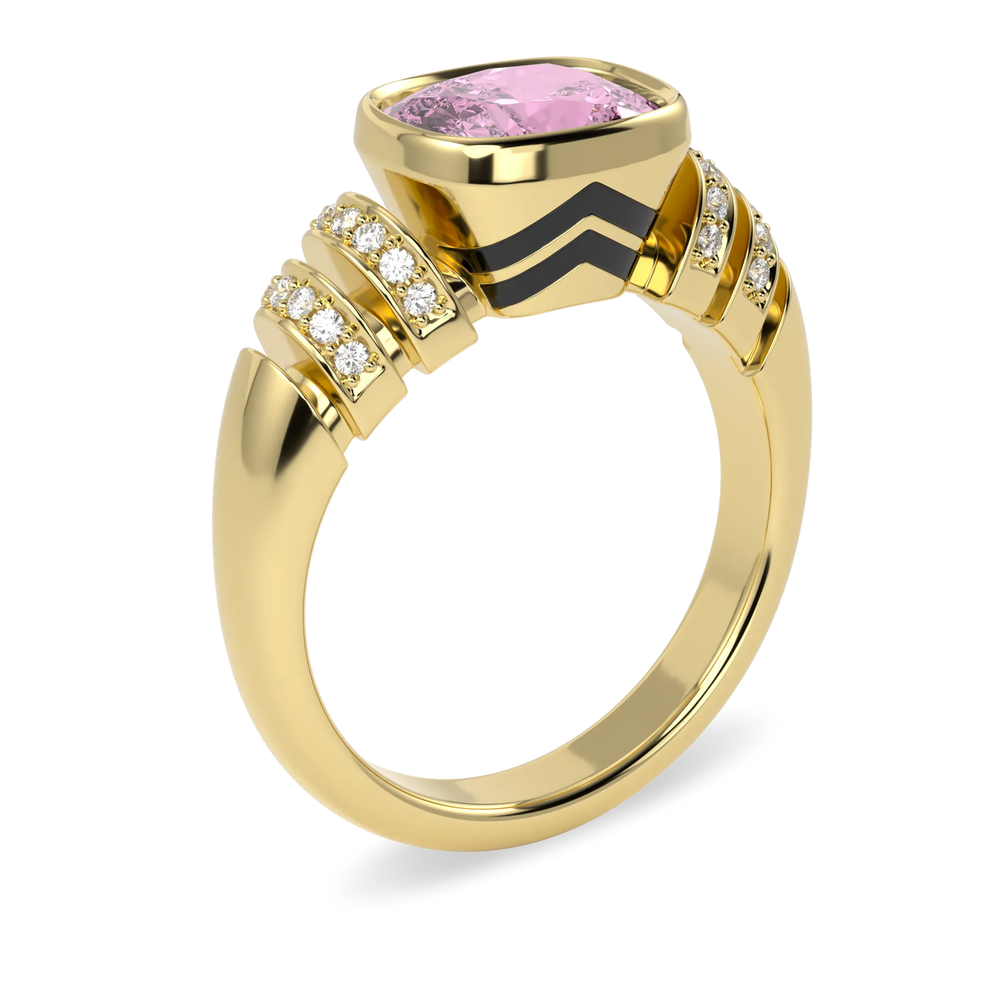 Handcrafted Yellow Gold ring with Pink Tourmaline and Diamond by Blacklock, Miami collection — side view