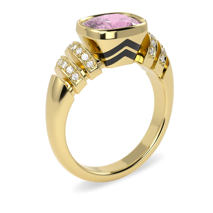 Handcrafted Yellow Gold ring with Pink Tourmaline and Diamond by Blacklock, Miami collection — side view