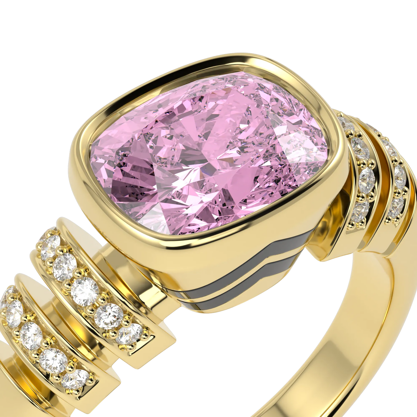 Large Yellow Gold Pink Tourmaline Diamond Ring by Blacklock Jewellery, Miami Deco collection — detail view