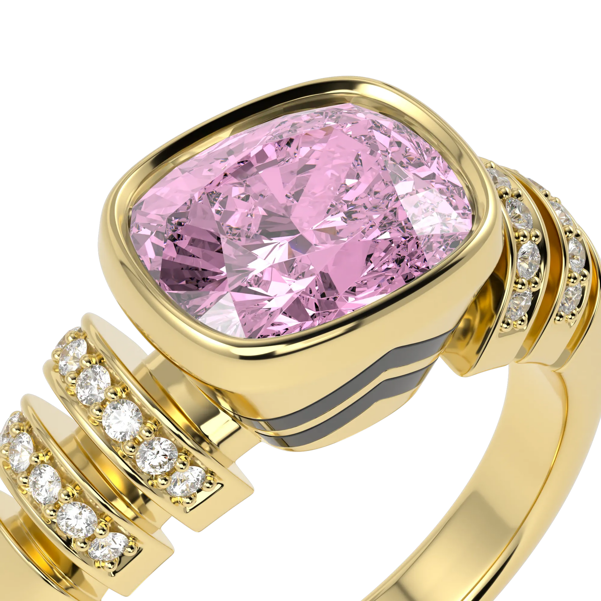 Large Yellow Gold Pink Tourmaline Diamond Ring by Blacklock Jewellery, Miami Deco collection — detail view