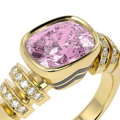 Large Yellow Gold Pink Tourmaline Diamond Ring by Blacklock Jewellery, Miami Deco collection — detail view
