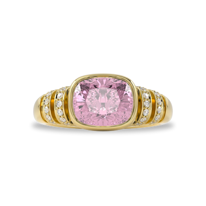 Yellow Gold Pink Tourmaline Diamond ring from Blacklock's Miami Deco collection — alternate angle