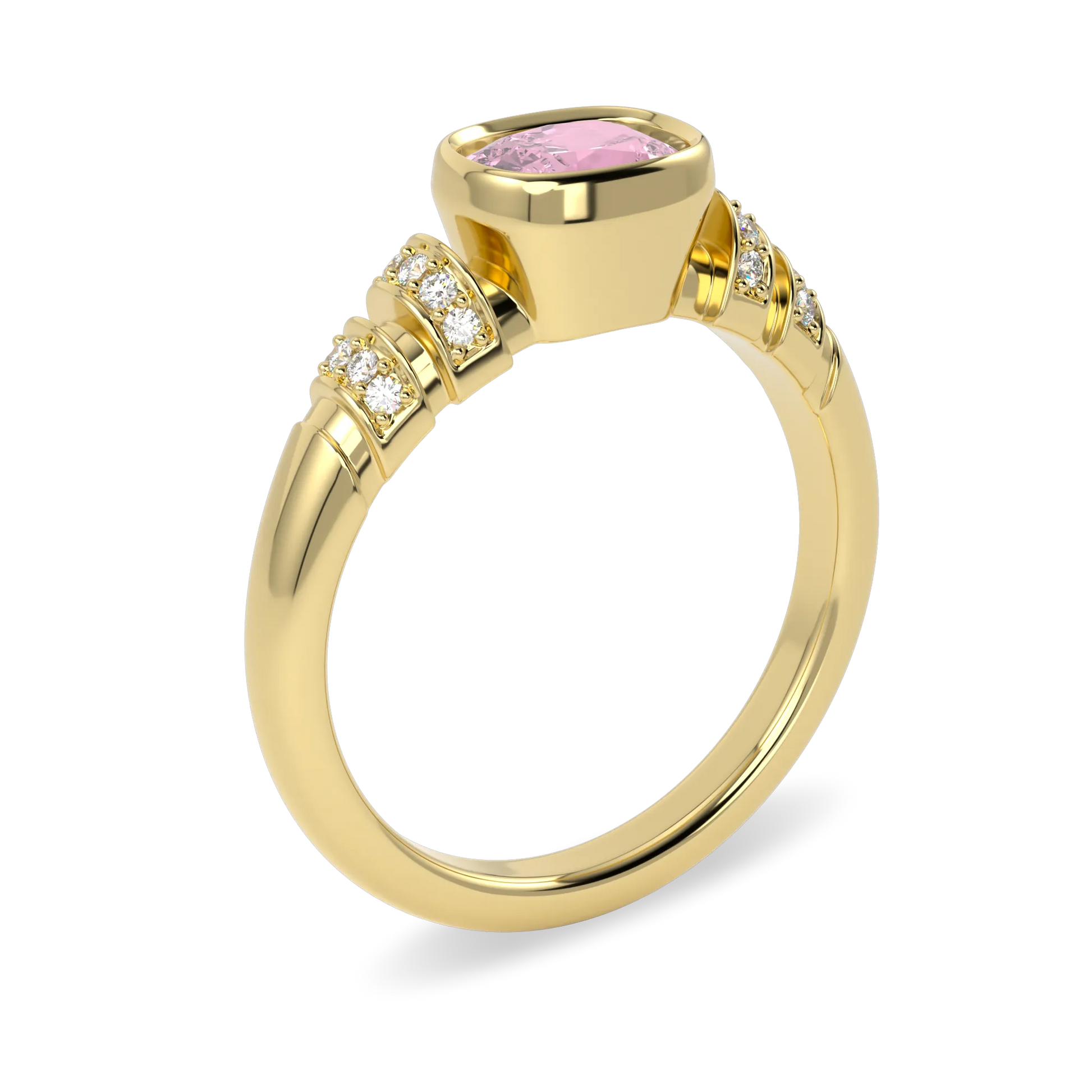 Small Yellow Gold Pink Tourmaline Diamond Ring by Blacklock Jewellery, Miami Deco collection — side view