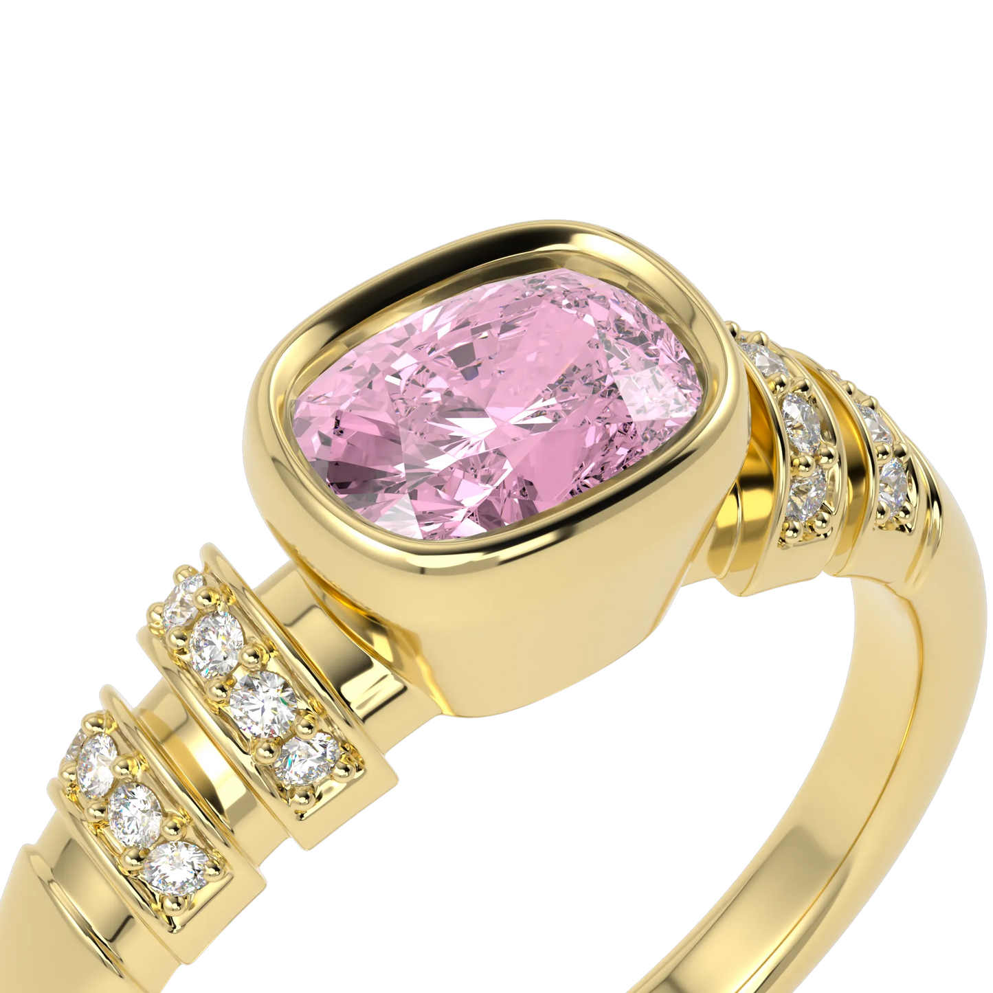 Yellow Gold Pink Tourmaline Diamond ring from Blacklock's Miami Deco collection — worn view