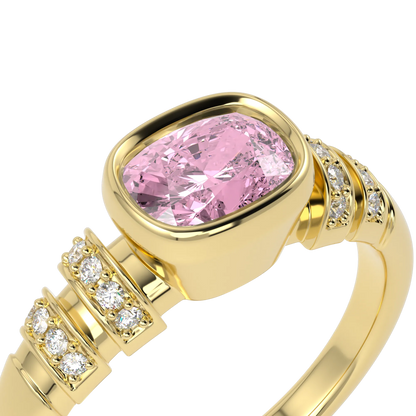 Yellow Gold Pink Tourmaline Diamond ring from Blacklock's Miami Deco collection — worn view