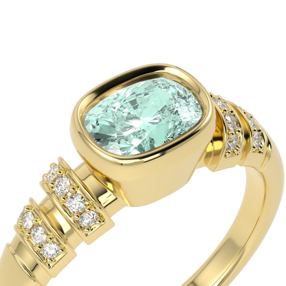 Miami Deco collection ring featuring Prasiolite and Diamond set in Yellow Gold, Blacklock Jewellery — worn view