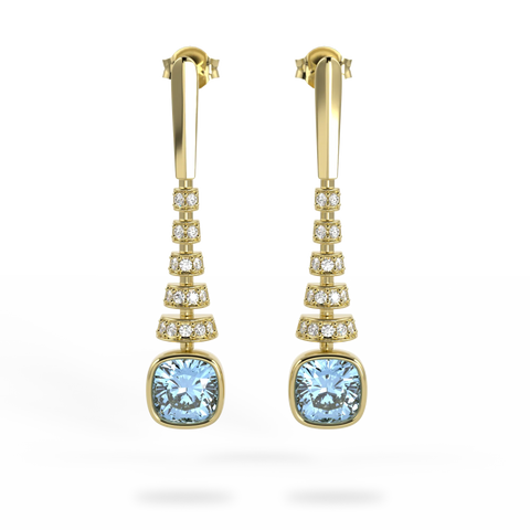 Miami Deco Yellow Gold Aquamarine Diamond Drop Earrings