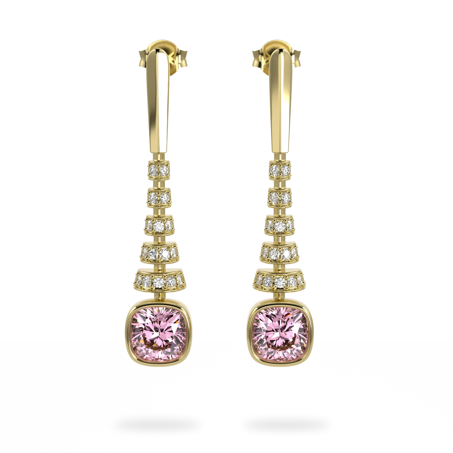 Yellow Gold Pink Tourmaline Diamond Drop Earrings by Blacklock Jewellery, Miami Deco collection