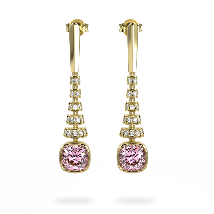 Miami Deco Yellow Gold Pink Tourmaline Diamond Drop Earrings
