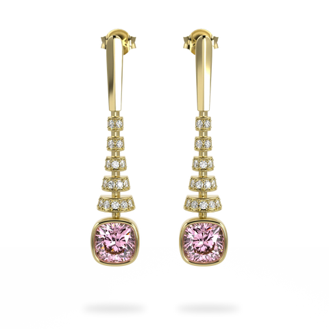 Miami Deco Yellow Gold Pink Tourmaline Diamond Drop Earrings