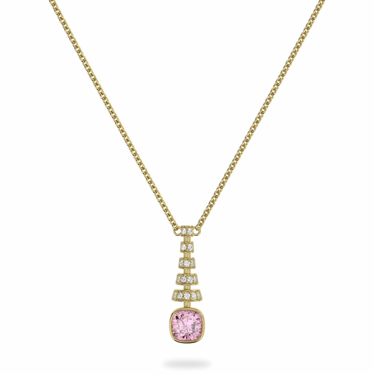 Yellow Gold Pink Tourmaline pendant from Blacklock's Miami Deco collection