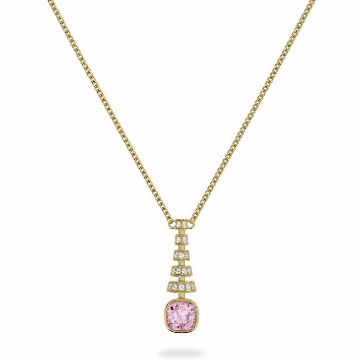 Miami Deco Yellow Gold Pink Tourmaline Drop Pendant