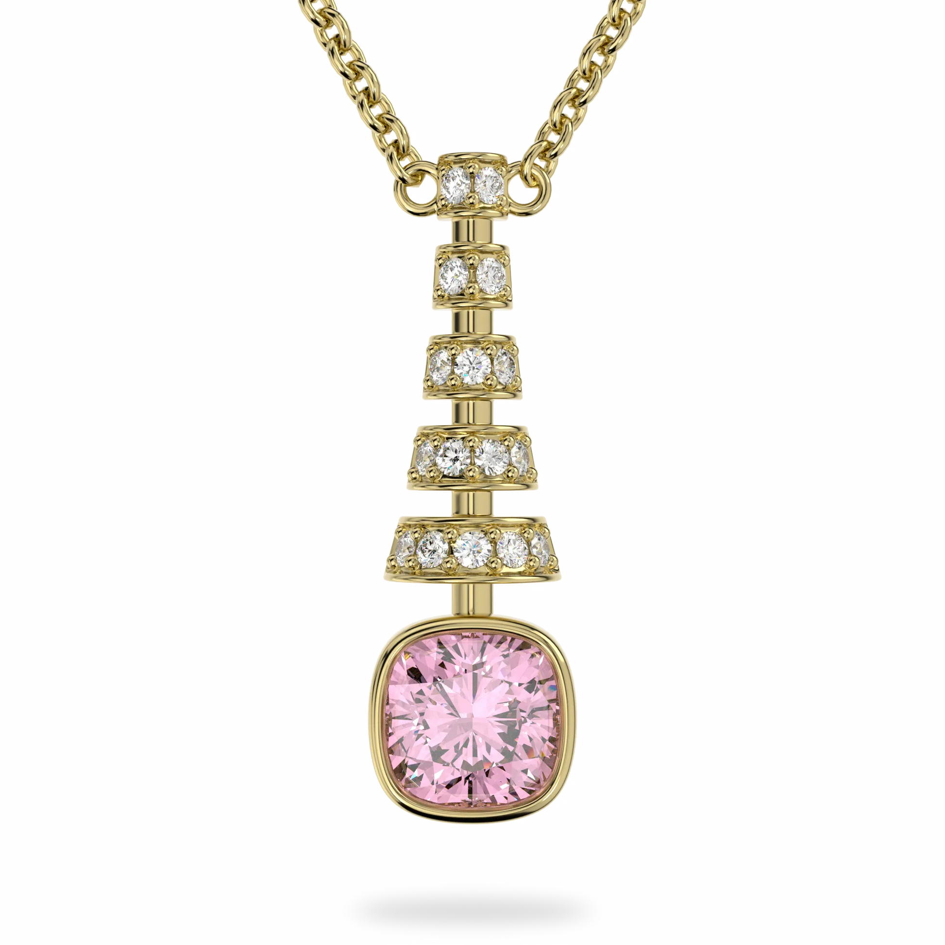 Miami Deco collection pendant featuring Pink Tourmaline set in Yellow Gold, Blacklock Jewellery — side view