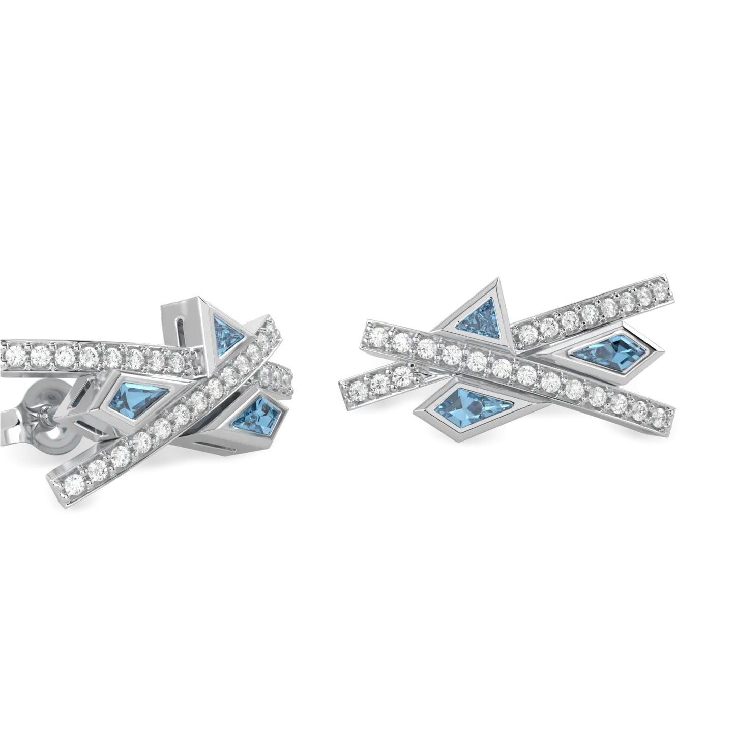 Neo collection earrings featuring Aquamarine and Diamond set in 18ct White Gold, Blacklock Jewellery — side view