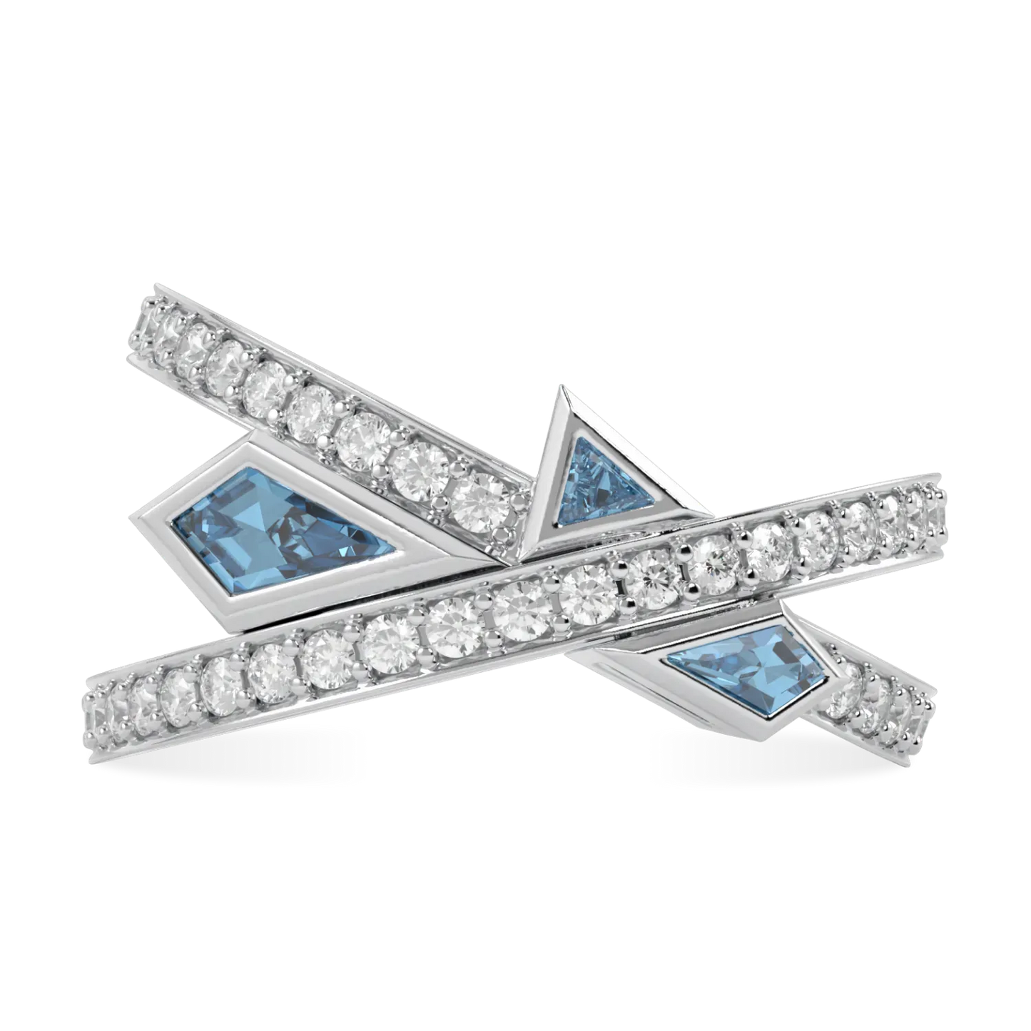 Handcrafted 18ct White Gold ring with Aquamarine and Diamond by Blacklock, Neo collection — top down view