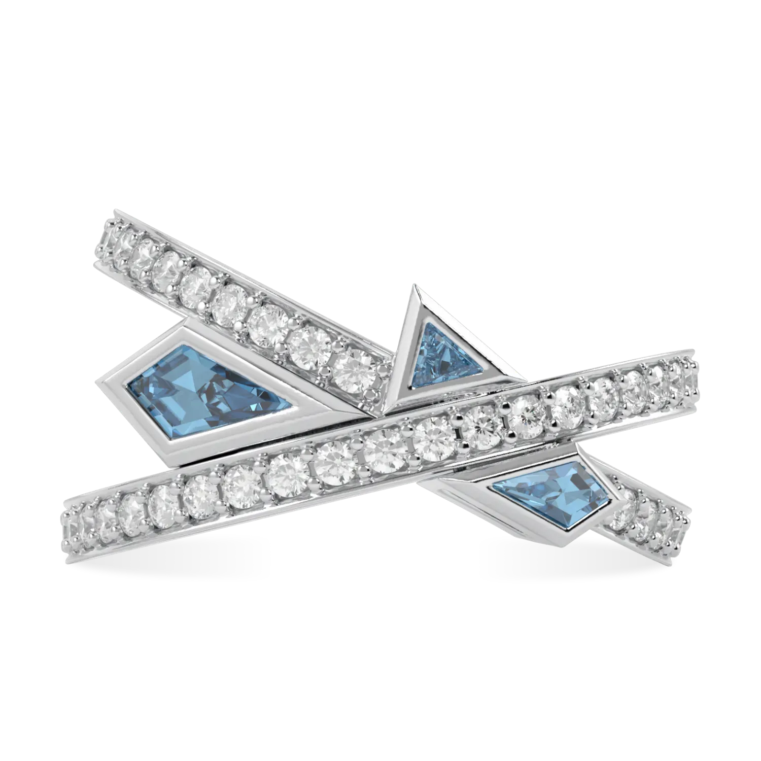 Handcrafted 18ct White Gold ring with Aquamarine and Diamond by Blacklock, Neo collection — top down view