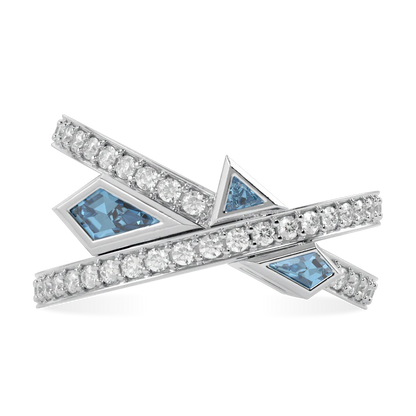 Handcrafted 18ct White Gold ring with Aquamarine and Diamond by Blacklock, Neo collection — top down view